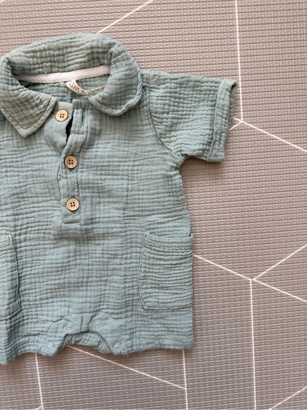 Liam & james|Baby boy Sage Muslin gauzy Polo Romper,Beachy size 0-3M•••boho cute